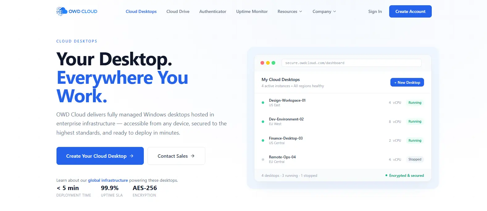 OWD Cloud homepage showcasing secure cloud desktops