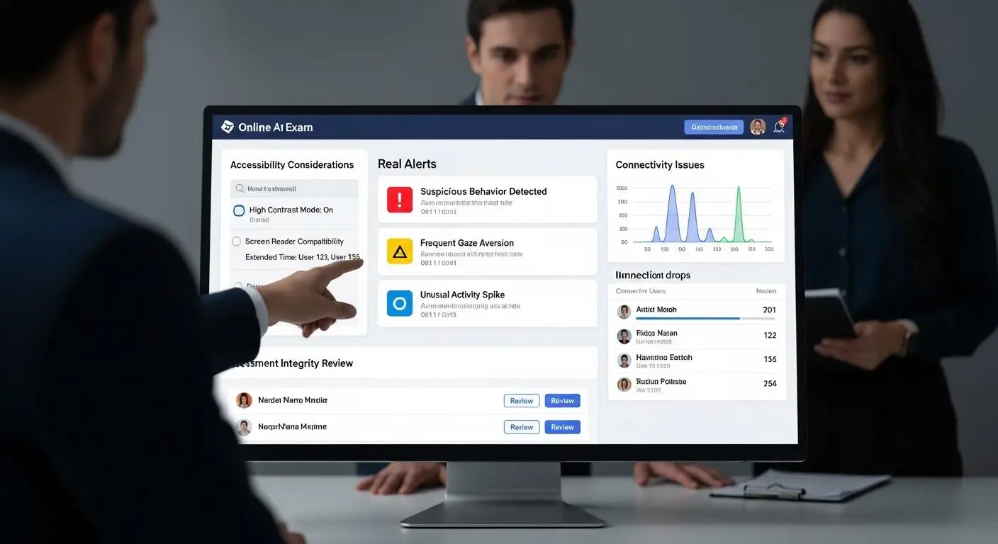 Online exam dashboard displaying AI-generated alerts
