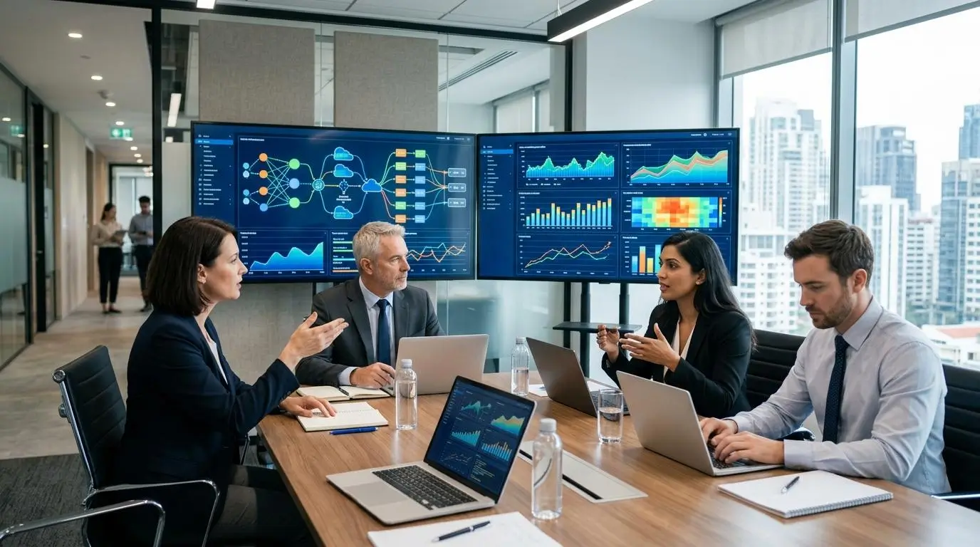 corporate meeting with business professionals analyzing cloud infrastructure costs