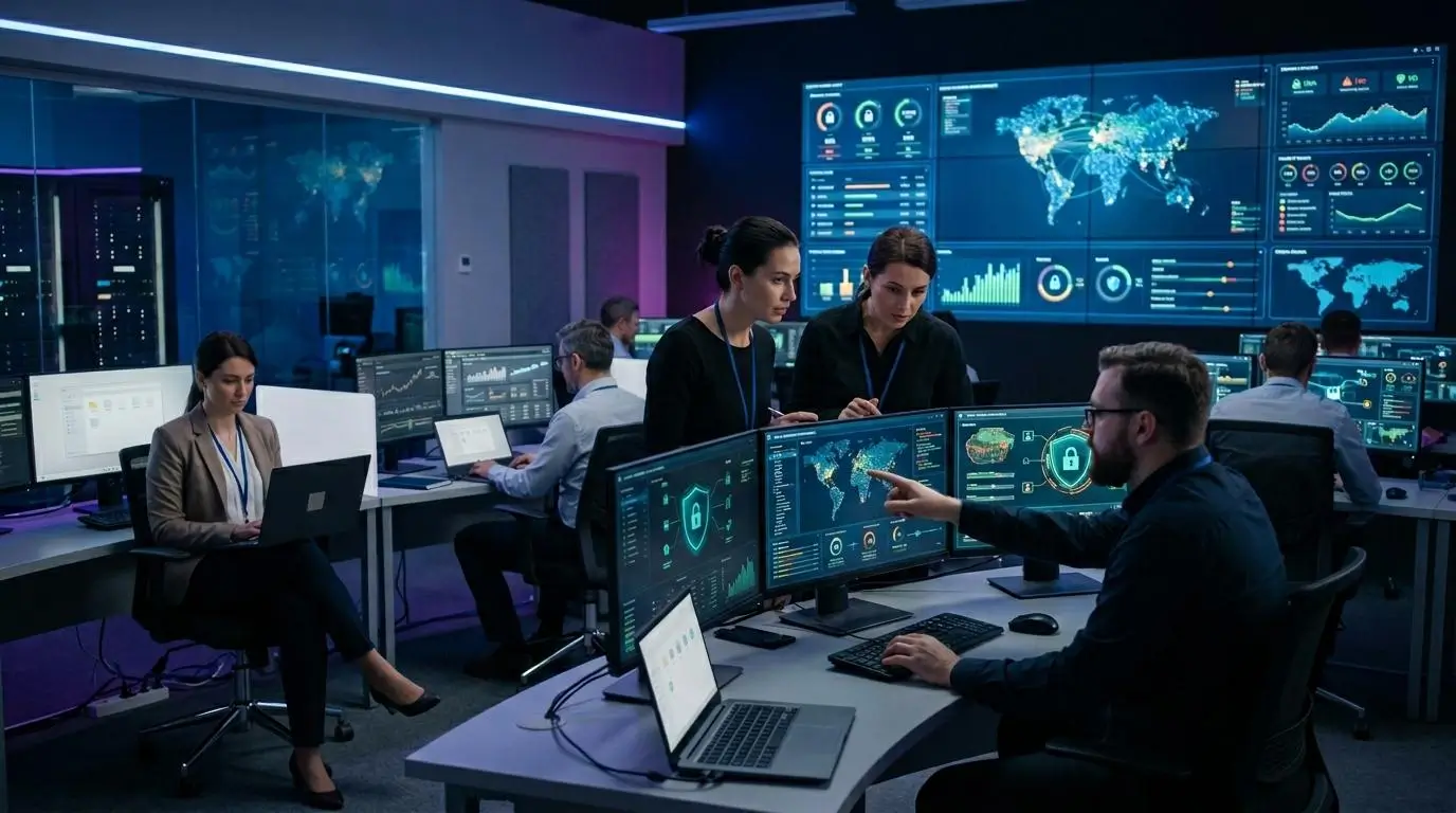 cybersecurity and cloud management scene with IT administrators monitoring secure virtual environments