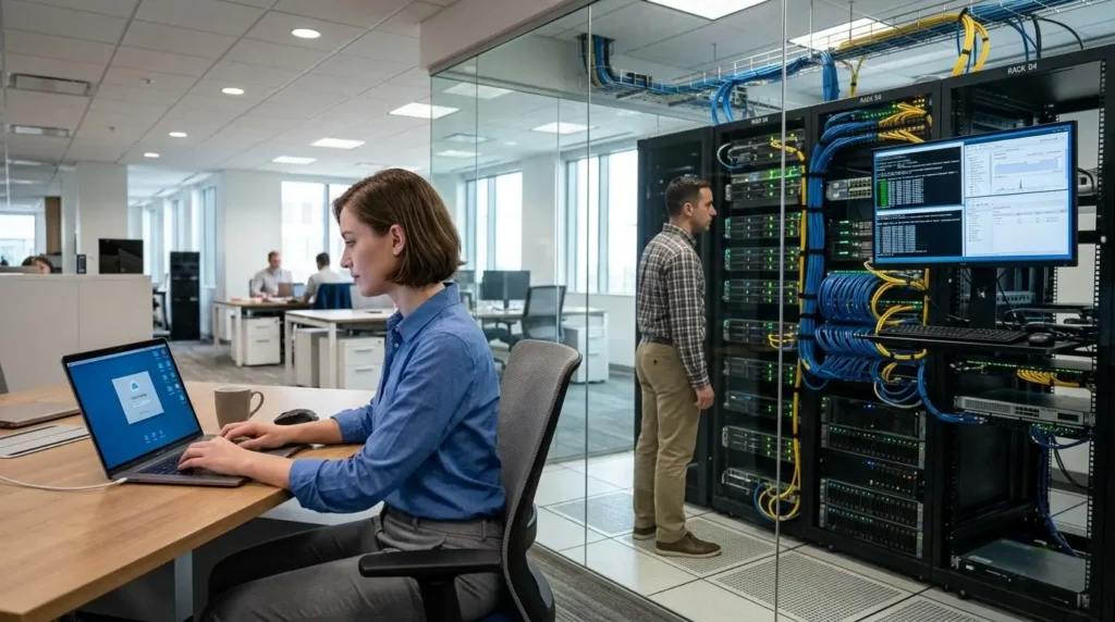 Professional IT environment showing simple cloud desktop access
