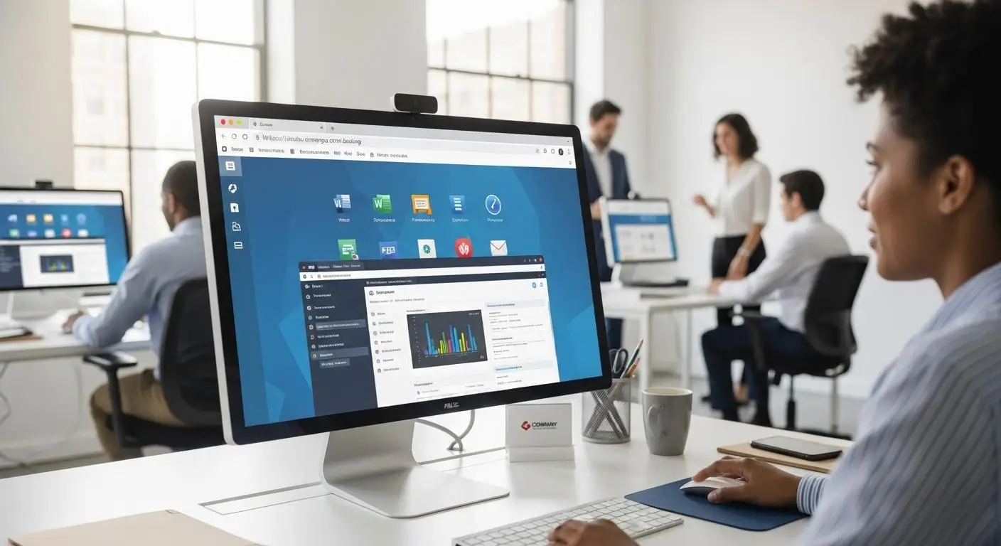 Professional workspace scene highlighting frictionless virtual desktop