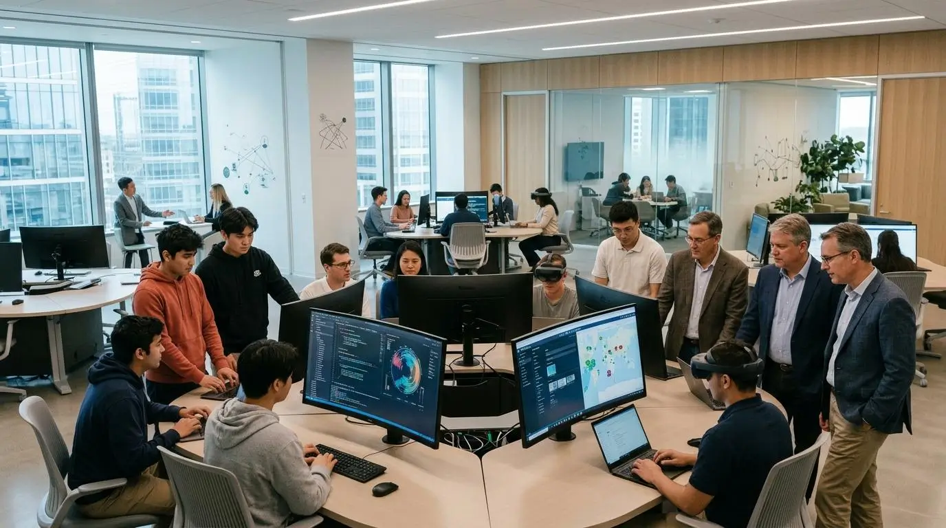 Professionals and students collaborating in cloud-powered virtual labs