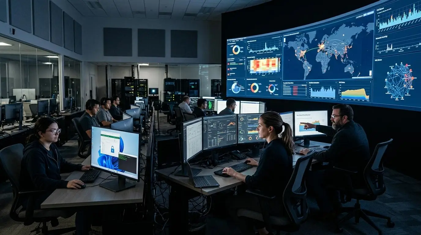 enterprise cybersecurity environment with professionals securely accessing cloud-hosted desktops