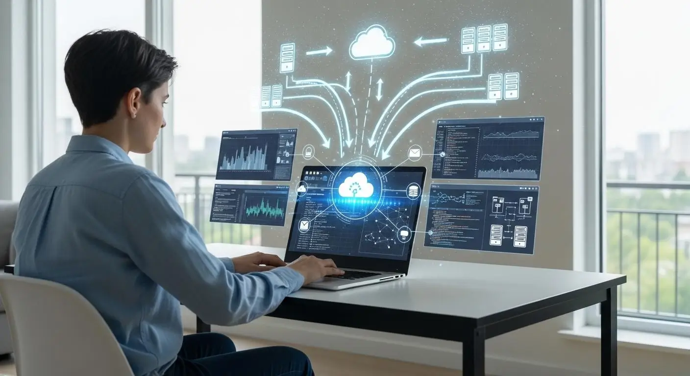 Remote user working on a laptop connected to cloud-hosted virtual machines