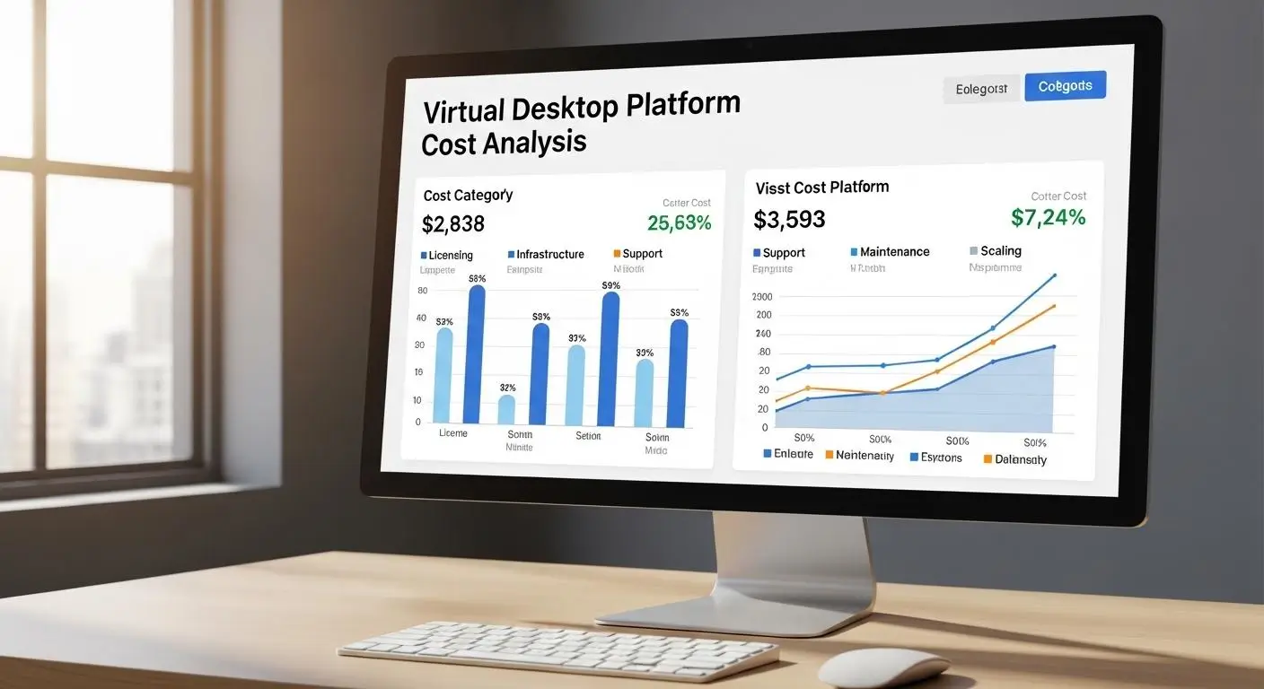 Side-by-side cost comparison dashboard showing licensing, infrastructure, support, maintenance, and scaling expenses for virtual desktop platforms.