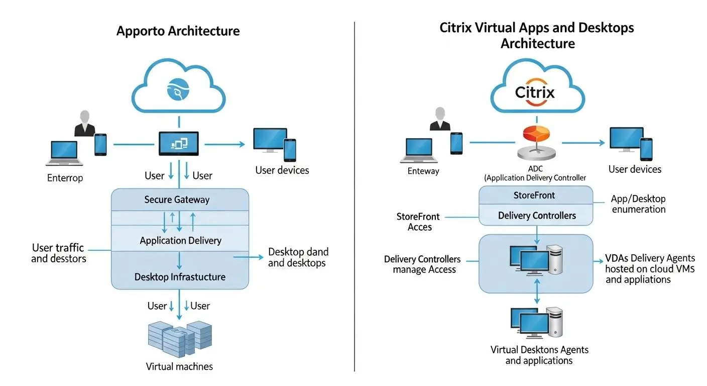 Side-by-side visualization of Apporto and Citrix virtual desktop architectures