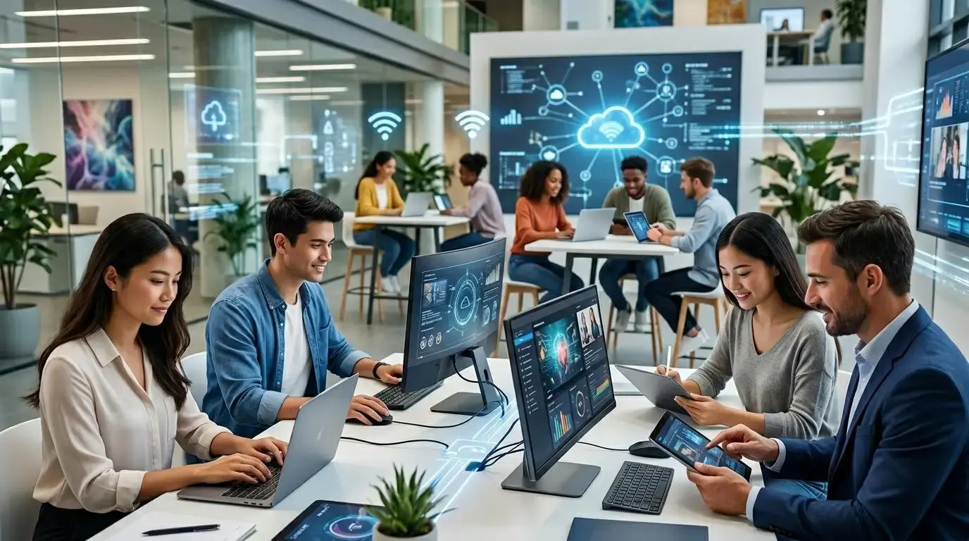 Students accessing virtual desktops in a modern classroom