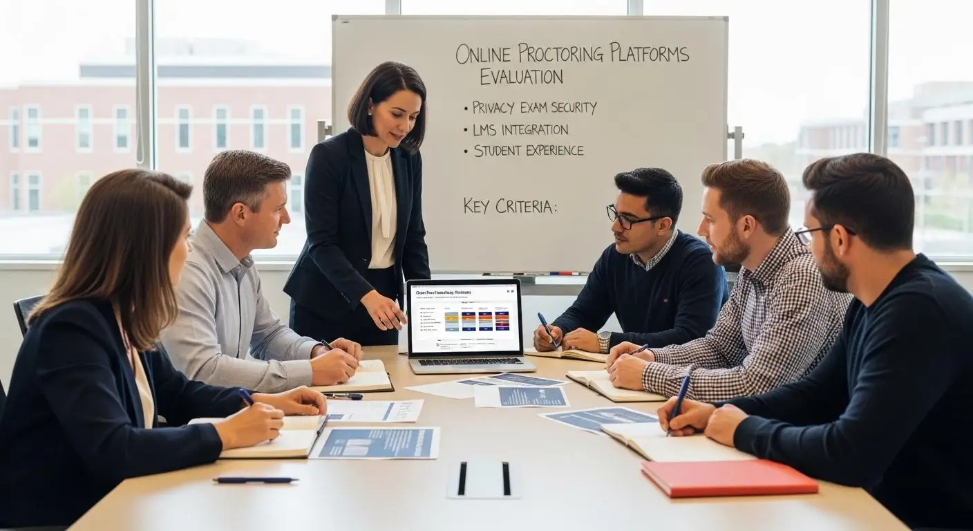 University administrators and faculty evaluating online proctoring platforms based on privacy