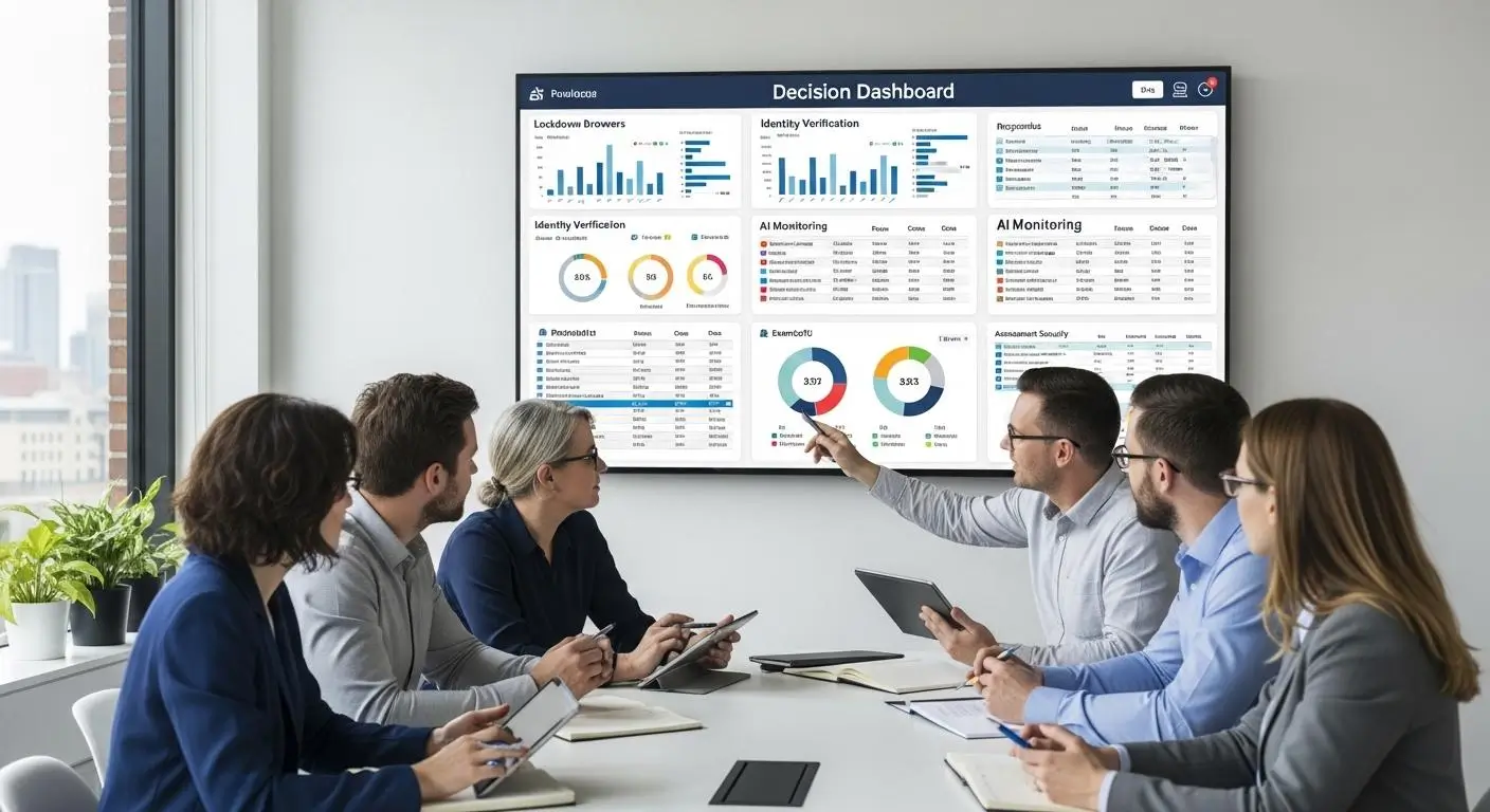 University administrators evaluating online exam platforms on a decision dashboard comparing lockdown browsers