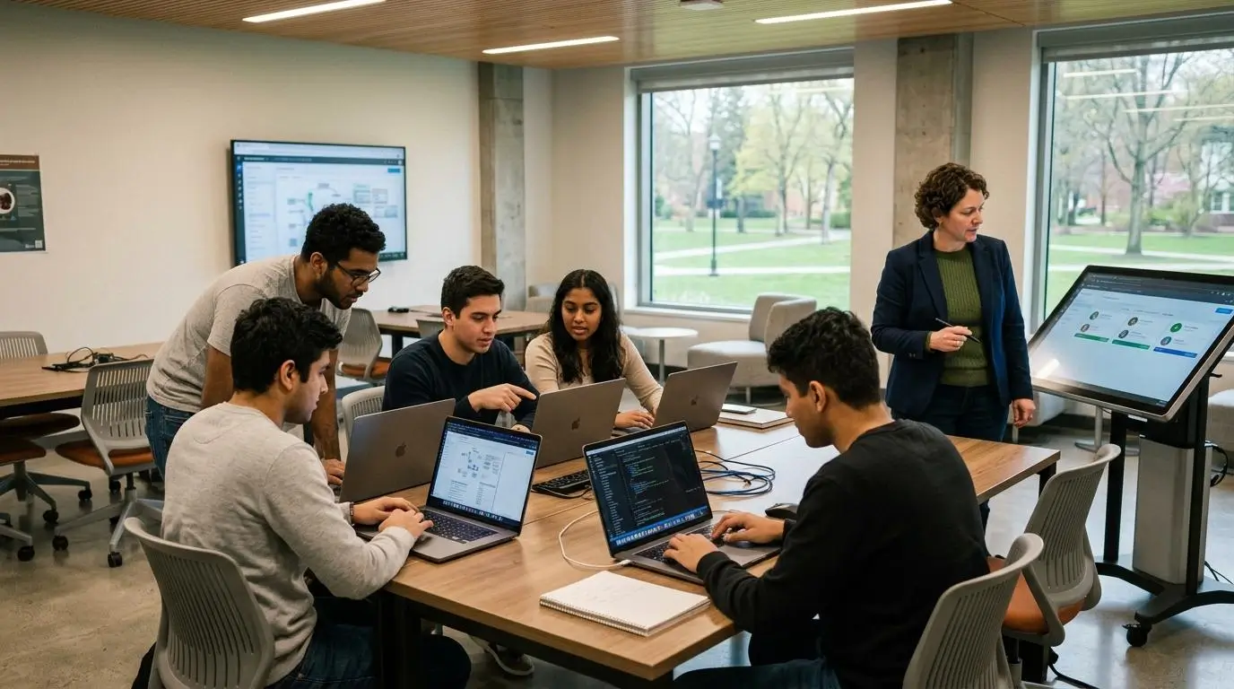 University students collaborating in a classroom