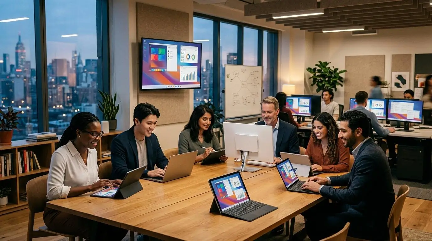 corporate and educational scene with diverse users collaborating through cloud-hosted virtual desktops