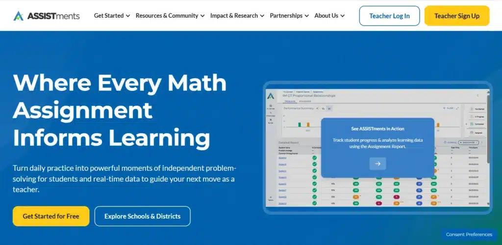 ASSISTments homepage featuring a digital math assessment platform with real-time student progress tracking, learning analytics, and classroom performance insights. 