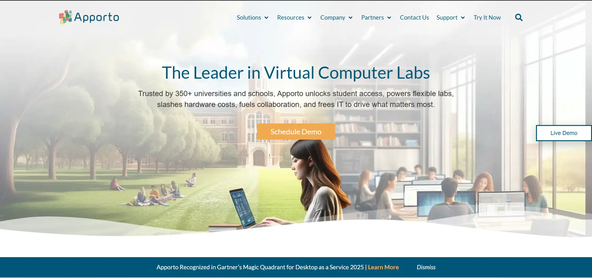 Apporto virtual computer labs platform enabling browser-based cloud desktop access for students across higher education campuses.