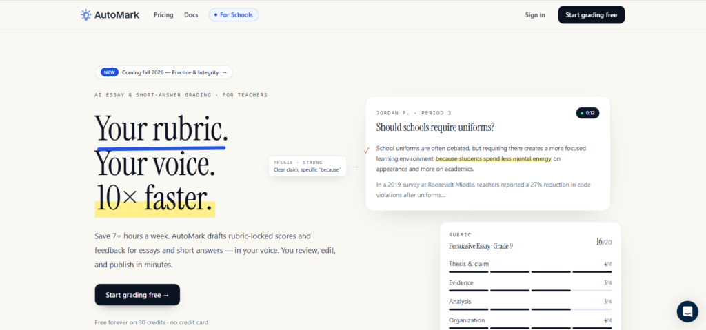 AutoMark AI grading platform homepage featuring automated essay and short-answer grading with rubric-based scoring and personalized teacher feedback.