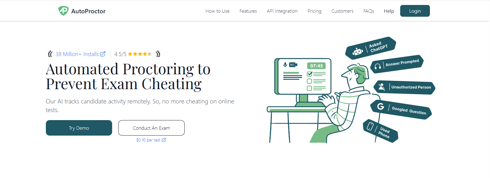 AutoProctor homepage featuring AI-powered online proctoring software with automated exam monitoring, identity verification, and cheating detection for secure remote assessments.