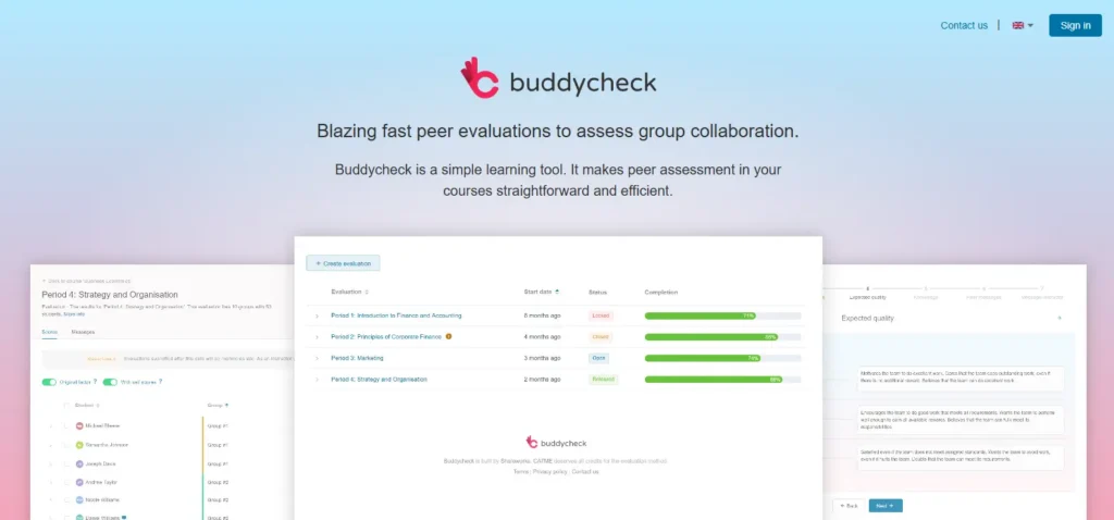 Buddycheck homepage featuring a peer evaluation platform