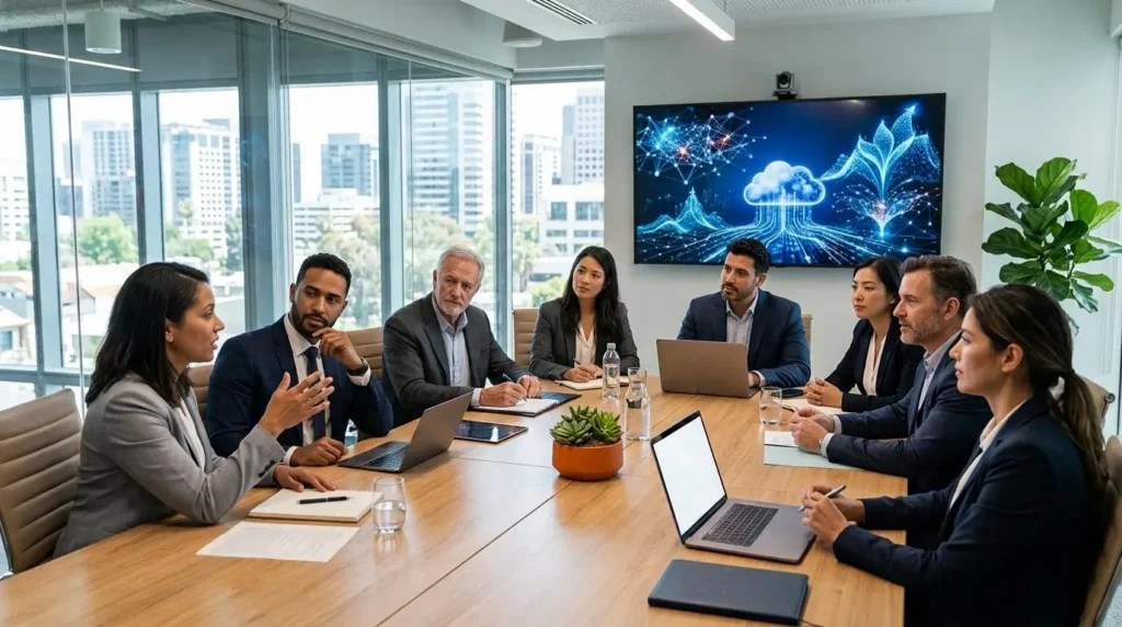 Business professionals and university administrators discussing cloud-based education technology around a conference table, with subtle visual cues of growth, scalability, and long-term value