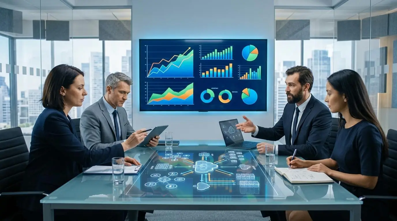 Business professionals evaluating cloud platform investment using abstract financial charts