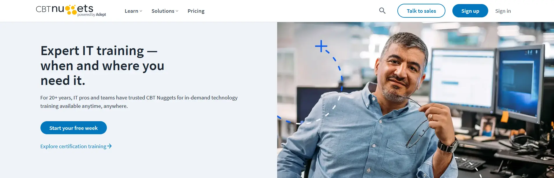 Homepage of an IT training platform featuring certification courses, on-demand technical learning, and skills development for IT professionals and enterprise teams.