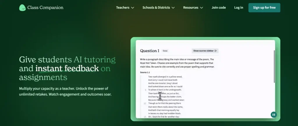 Class Companion homepage featuring an AI tutoring platform that provides instant assignment feedback, personalized learning support, and automated assessment for students.
