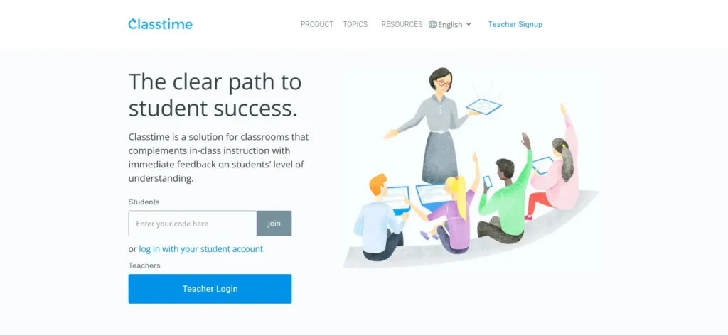 Classtime homepage showcasing an interactive digital assessment platform with an illustrated teacher providing real-time feedback to students in a collaborative classroom.