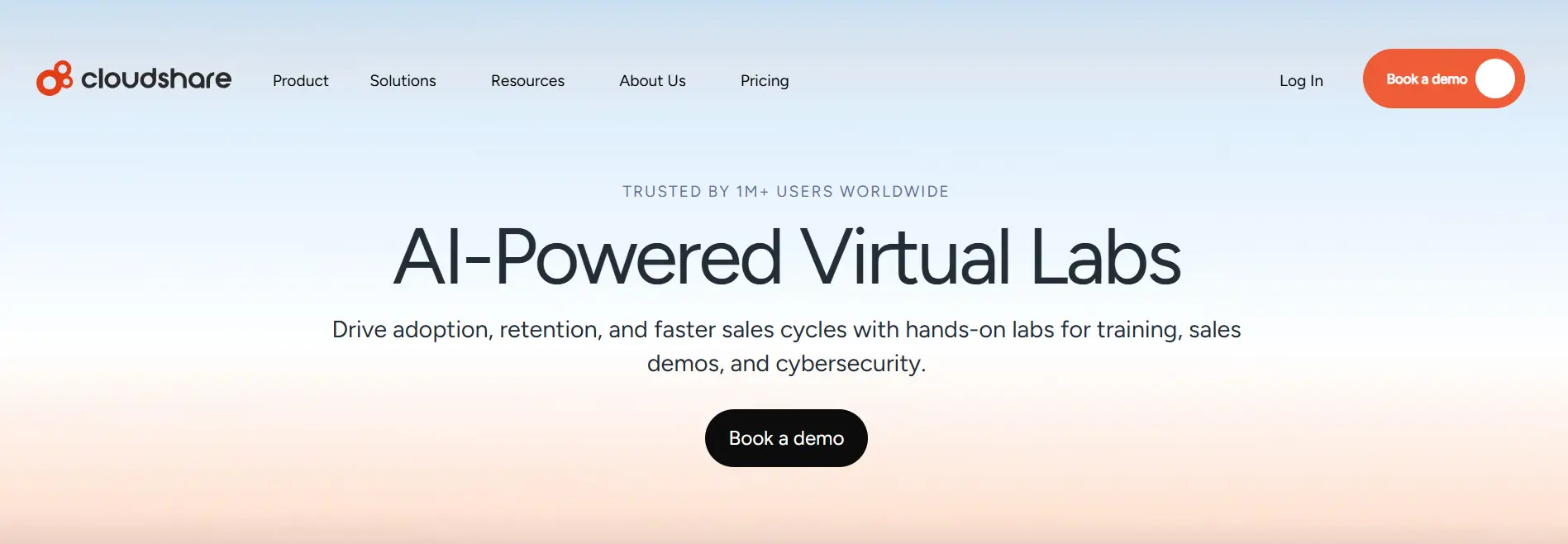 Homepage of an AI-powered virtual lab platform featuring scalable hands-on software training.