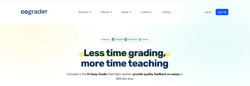 CoGrader AI essay grader homepage showcasing automated essay feedback