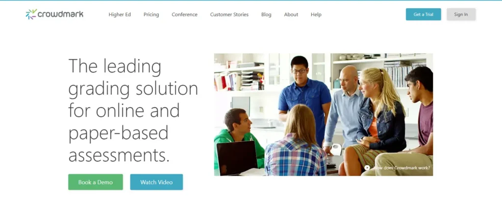 Crowdmark homepage featuring an online grading platform for paper-based and digital assessments with collaborative grading and streamlined educator workflows.