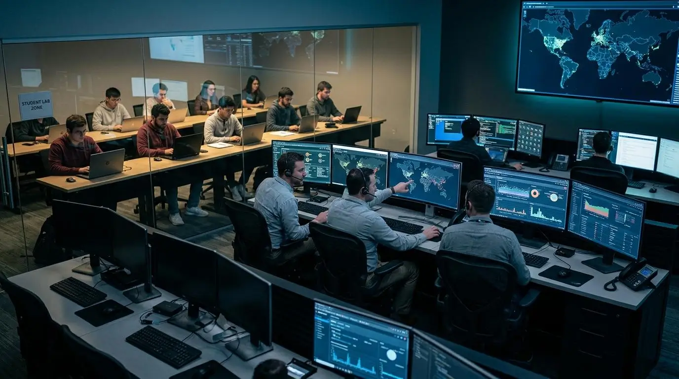 Cybersecurity operations center overseeing encrypted cloud-based virtual lab environments