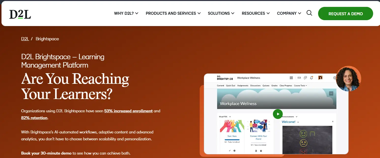 D2L Brightspace homepage promoting its AI-powered learning management system with personalized learning, analytics, and workforce training solutions.