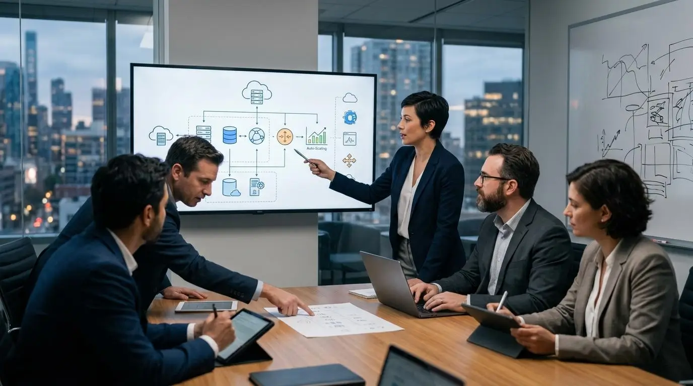 Decision-making scene with IT leaders reviewing scalable cloud training infrastructure.