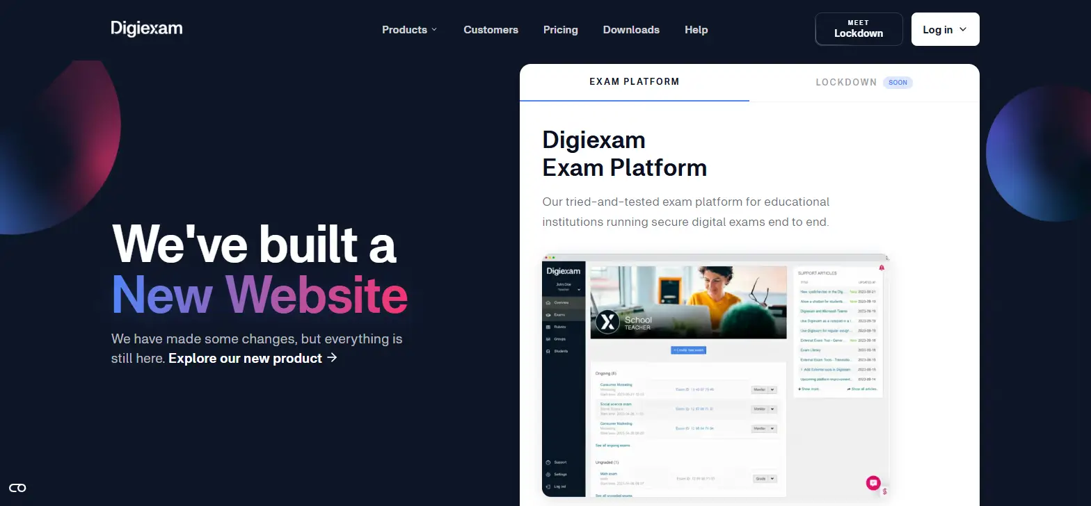 Digiexam homepage showcasing a secure digital exam platform with online assessments, browser lockdown, remote proctoring.