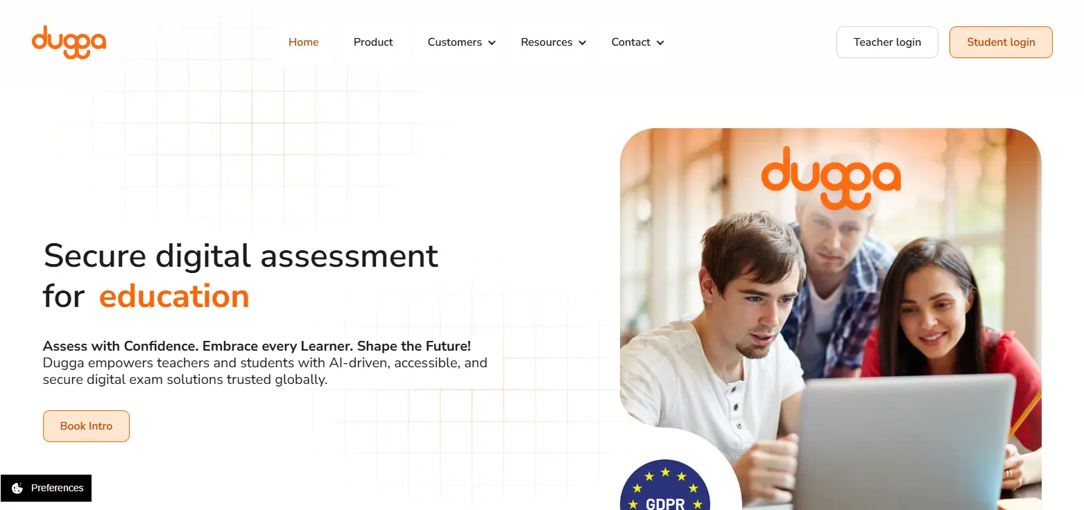 Dugga homepage promoting secure digital assessment software for education with AI-powered online exam solutions for teachers and students.