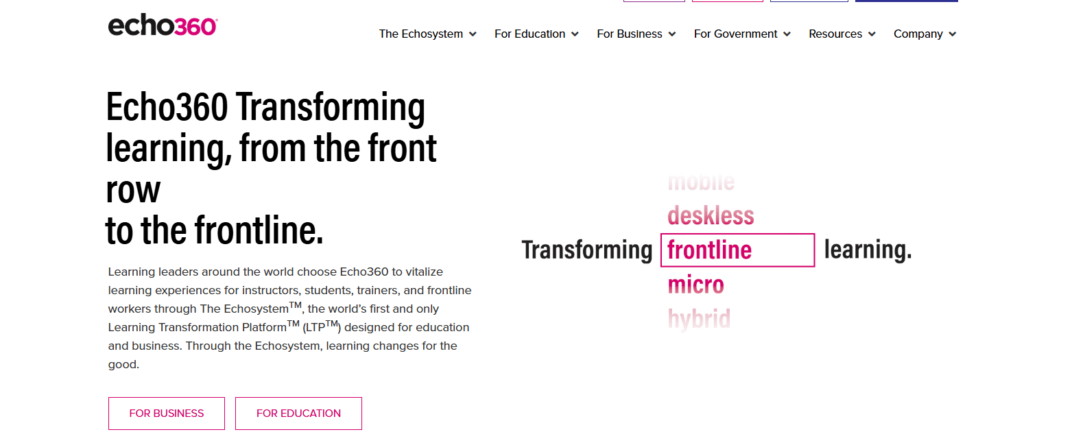 Echo360 homepage promoting its learning transformation platform for education and business with interactive teaching and frontline learning solutions.