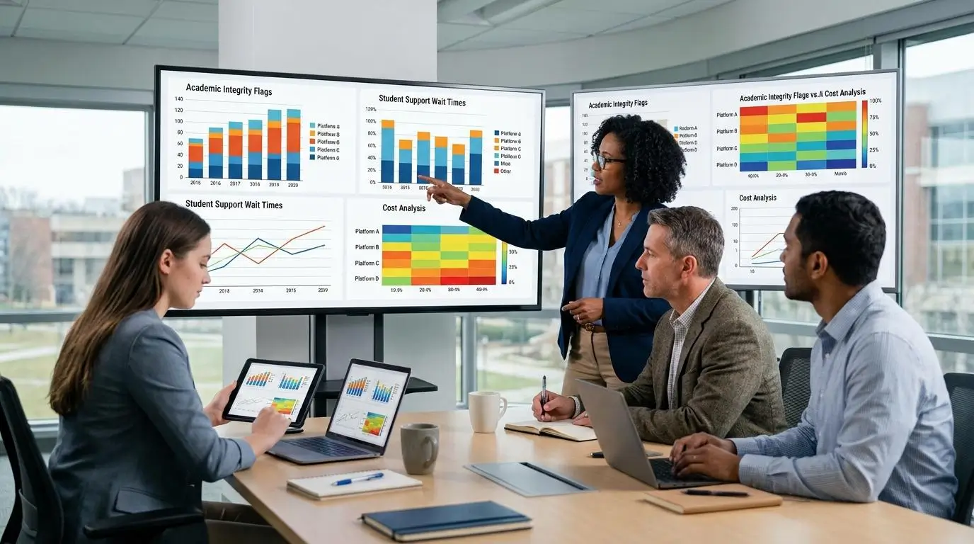 Education administrators evaluating multiple online proctoring platforms