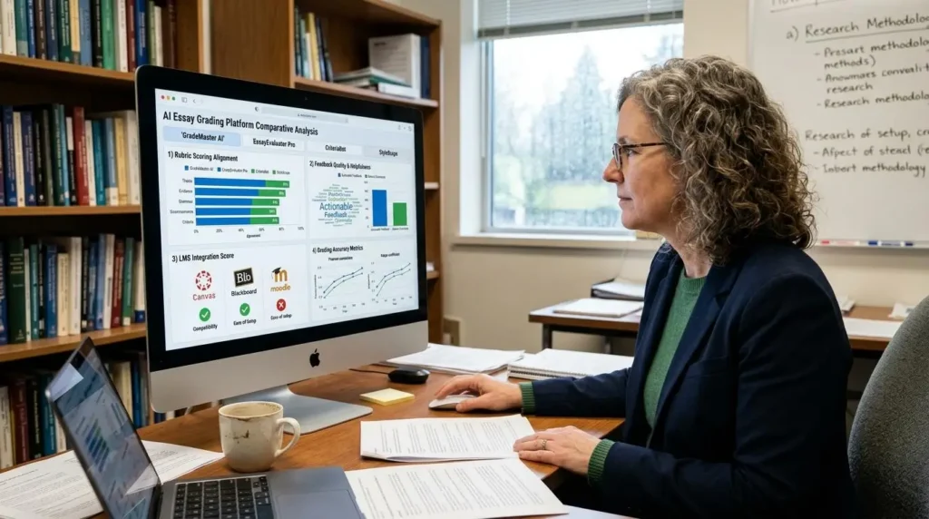 Educator comparing multiple AI essay grading platforms on a dashboard with rubric scoring