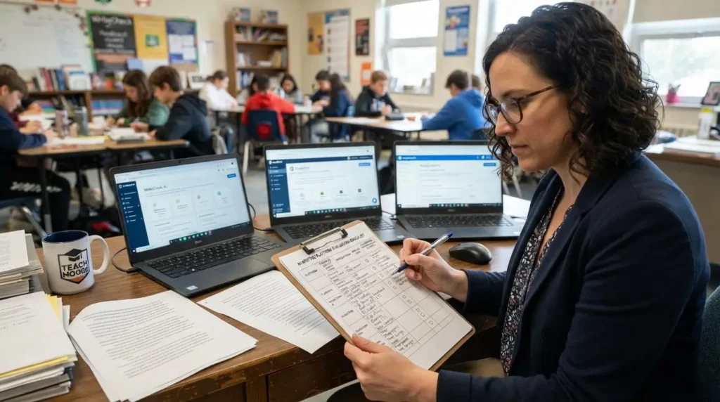 Educator comparing multiple AI writing assessment platforms