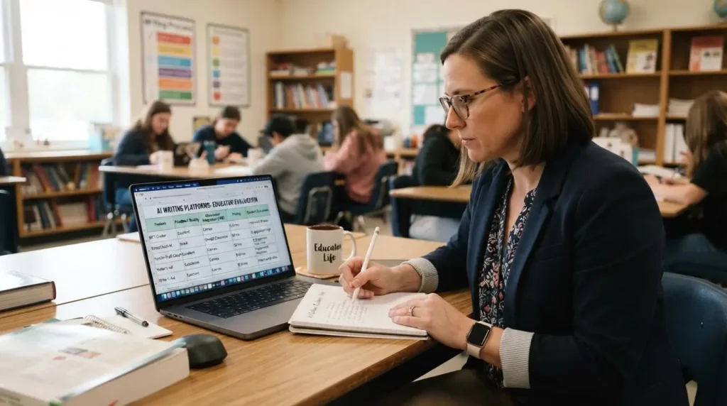 Educator comparing multiple AI writing platforms on a laptop with evaluation criteria including feedback quality
