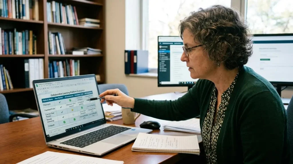 Educator comparing multiple collaborative learning platforms on a laptop, evaluating peer review, AI assessment, annotation, and LMS integration features
