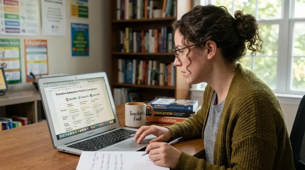 Educator comparing multiple formative assessment platforms on a laptop