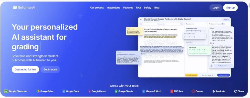 EnlightenAI homepage showcasing an AI grading assistant that provides automated essay scoring, rubric-based feedback, and seamless integration with classroom tools.