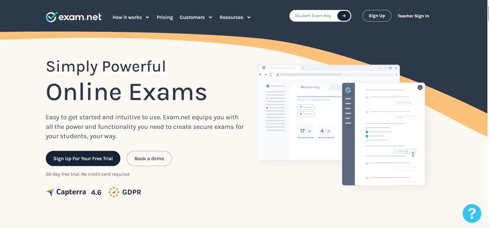 Exam.net homepage showcasing its secure online exam platform with digital assessment tools for creating and monitoring exams.