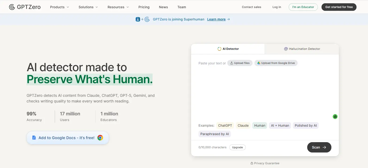 GPTZero AI detection platform analyzing written content for AI-generated text, originality verification, and plagiarism screening to support academic integrity.