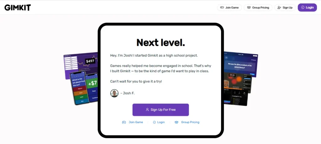 Gimkit homepage showcasing a gamified formative assessment platform