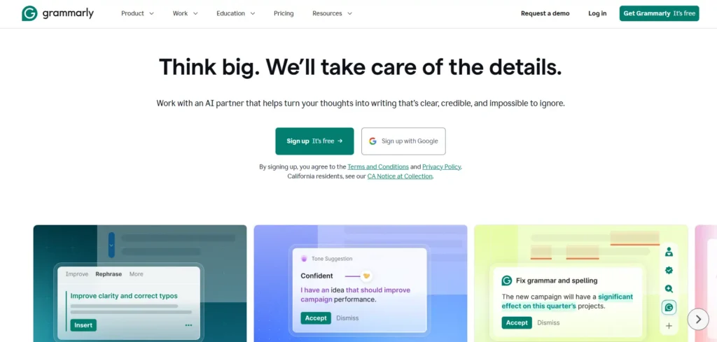 Grammarly AI writing assistant providing grammar checking