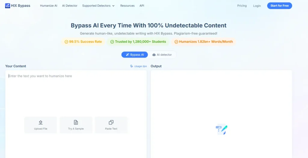 HIX Bypass AI writing platform featuring AI humanizer