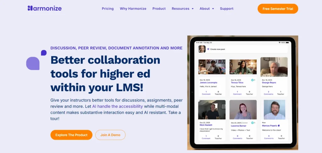 Harmonize homepage showcasing a higher education collaboration platform with peer review, discussion tools, document annotation, and LMS integration for educators and students. 