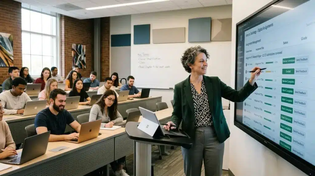 Higher education classroom featuring an instructor managing digital assignments effortlessly.