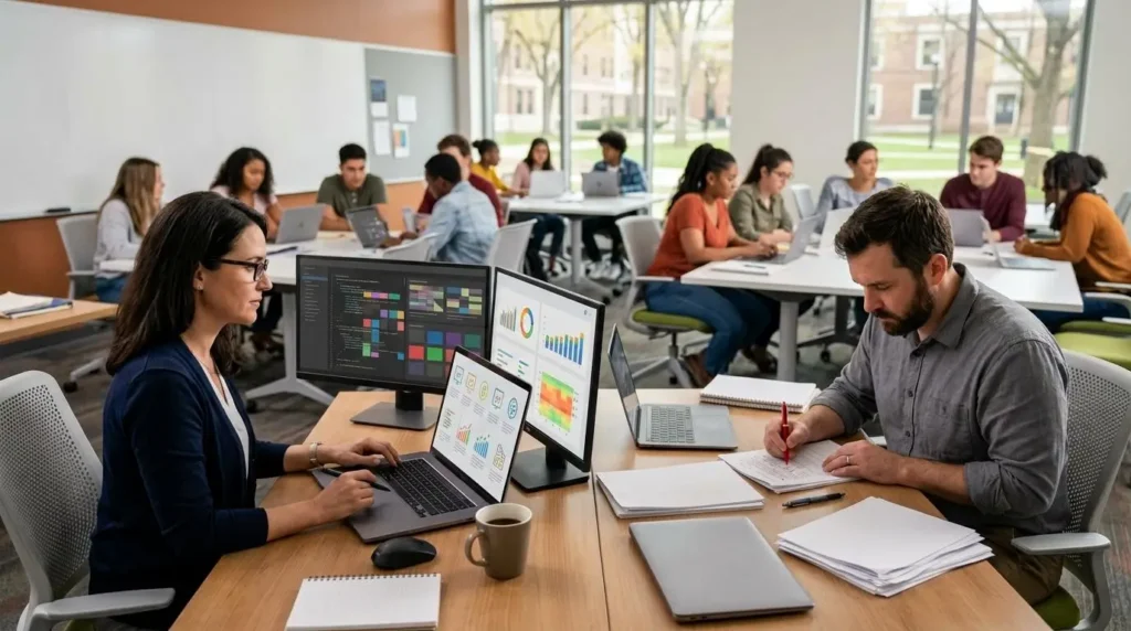Higher education classroom showing an instructor evaluating multiple types of digital assignments with AI support while another teacher focuses on essay assessment.